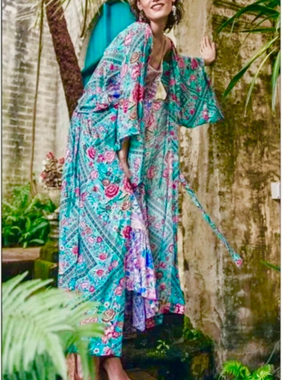 Spell Babushka Turquoise Pink Floral Kimono NEW with tags size S/M